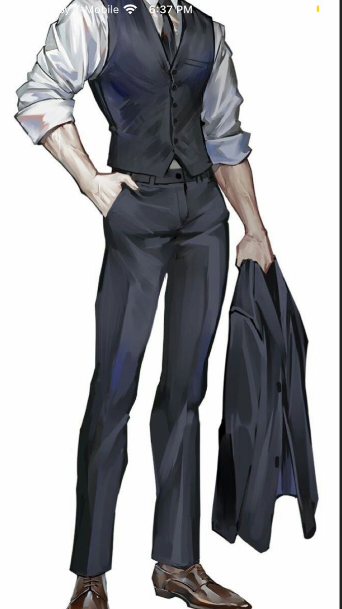 a drawing of a man in a suit and tie with his hands on his hips