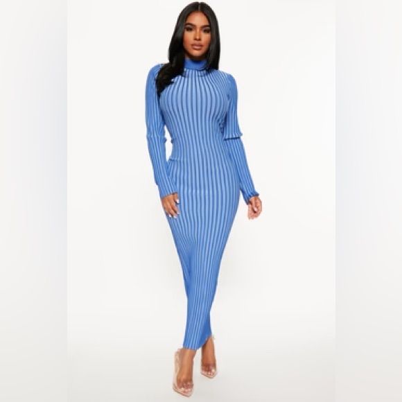 Product Details Sweater Maxi Dress Long Sleeve Mock Neck Contrast Ribbed Stretch 100% Polyester Imported Nwt Blue Ribbed Dress For Winter, Winter Blue Ribbed Dress, Blue Midi-length Winter Dress, Fitted Light Blue Midi Dress For Fall, Spring Blue Maxi Bodycon Dress, Blue Maxi Bodycon Dress For Spring, Fitted Blue Ribbed Bodycon Dress, Chic Blue Ribbed Midi Dress, Blue Long Sleeve Midi Dress For Winter