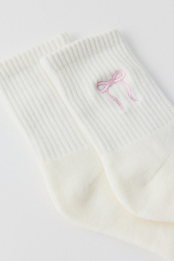 Ultra-soft crew socks with bow detailing at the ribbed cuff. Features Bow quarter crew socks Super soft crew socks Bow detailing at the ribbed cuff Content + Care 80% Cotton, 18% polyester, 2% spandex Machine wash Imported Size + Fit Quarter crew length Fits US women’s shoe size 6–10 | Bow Quarter Crew Sock in White/Pink Bow, Women's at Urban Outfitters Cute Things For Wishlist, Trendy Stocking Stuffers, Girly Stocking Stuffers, Cute Pink Socks, Cute Socks For Women, Urban Outfitters Coquette, Pink Socks Aesthetic, Cute Crew Socks, Coquette Things To Buy