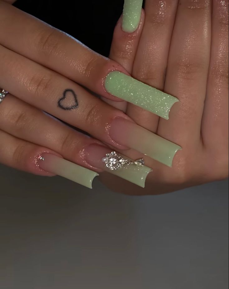 Cute Green Acrylics, Light Green Nail Inspo Acrylic, Nature Inspired Nails Green, Ombre Sage Green Nails, Light Green Birthday Nails, Nails Acrylic Light Green, March Acrylic Nails Designs, Green Nails Medium, Princess And The Frog Nails Acrylic