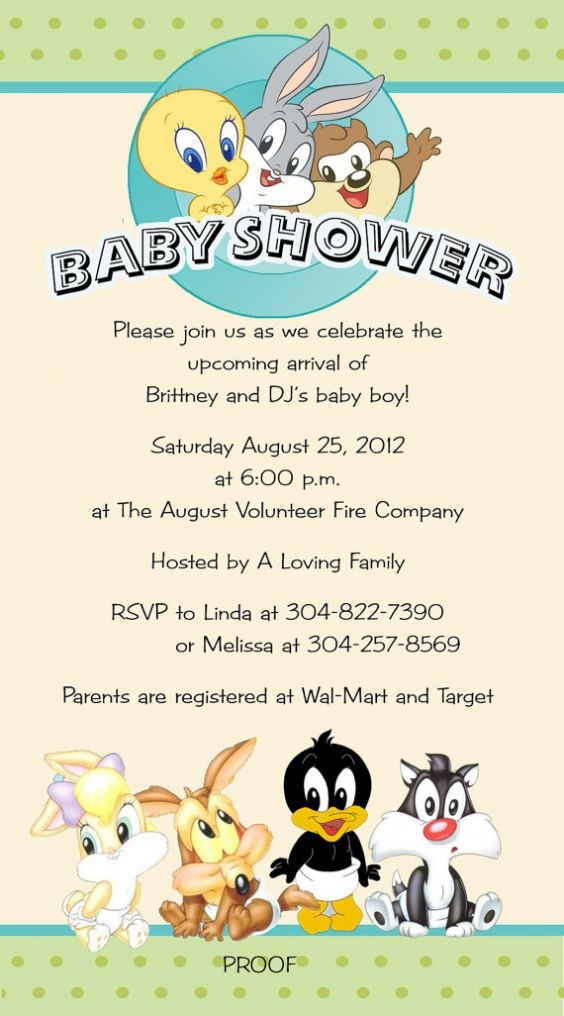 a baby shower is shown with cartoon characters on the front and back of this card