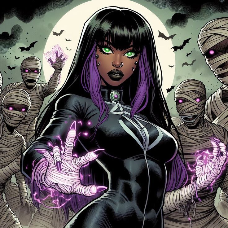 a woman with purple hair and green eyes standing in front of many creepy people wearing costumes