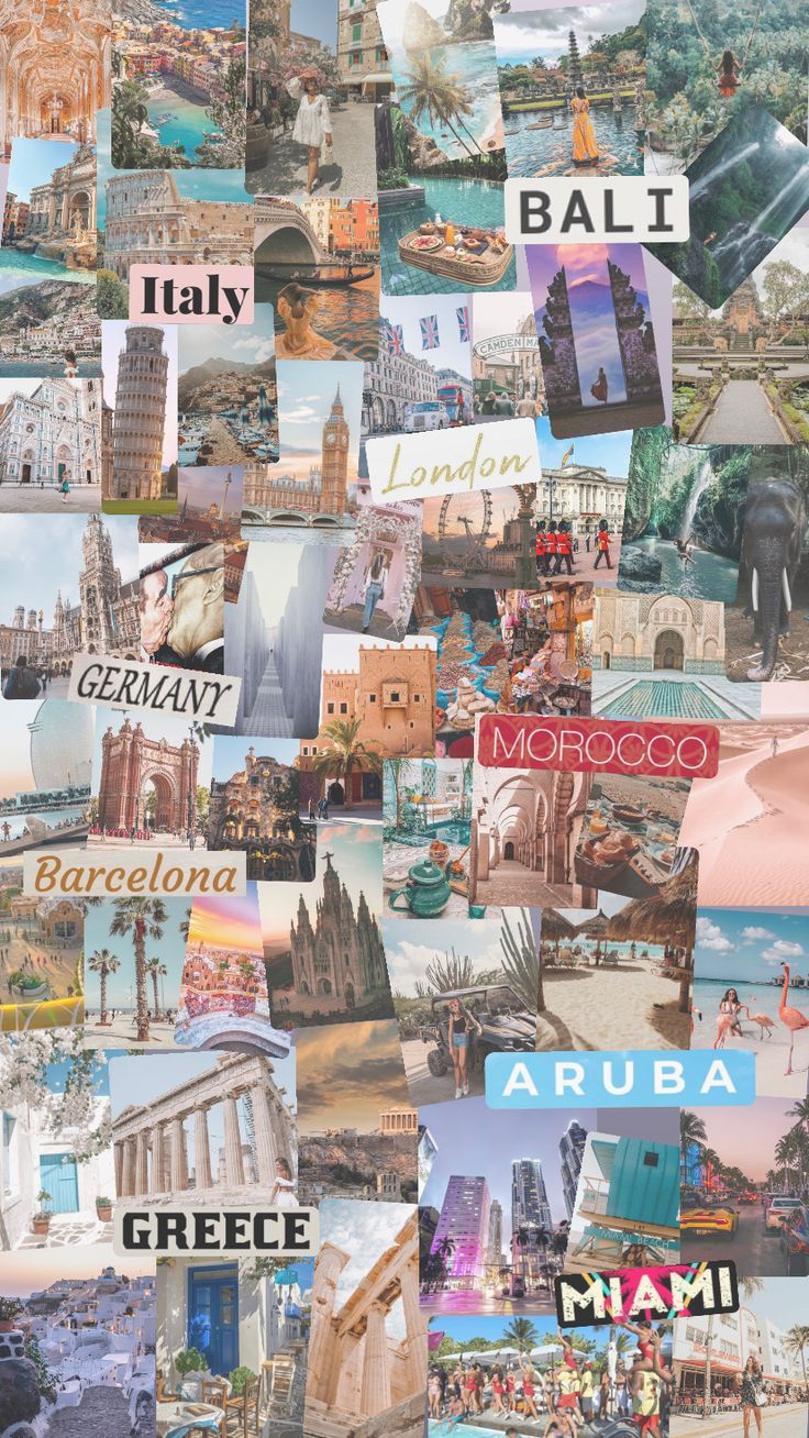 collage of travel photos from around the world including buildings, water and other things