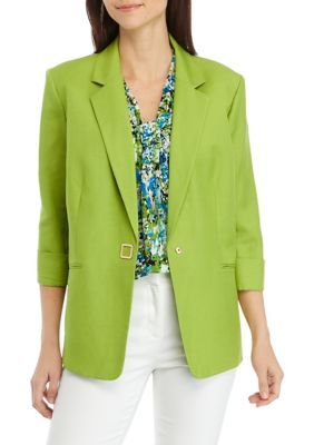 A sharp addition to your favorite formalwear, this solid jacket from Kasper is finished with 3/4 sleeves and a notch collar. | Kasper Women's Linen Blend Square Snap Suit Jacket, 14 Spring Business Blazer With Notched Lapel, Spring Notched Blazer For Business Casual, Spring Career Outerwear With Notched Collar, Spring Career Outerwear With Notched Design, Spring Tailored Career Blazer, Semi-formal Notched Blazer For Spring, Elegant Formal Blazer With 3/4 Sleeves, Elegant 3/4 Sleeve Blazer For Formal Occasions, Single-button Career Blazer For Spring