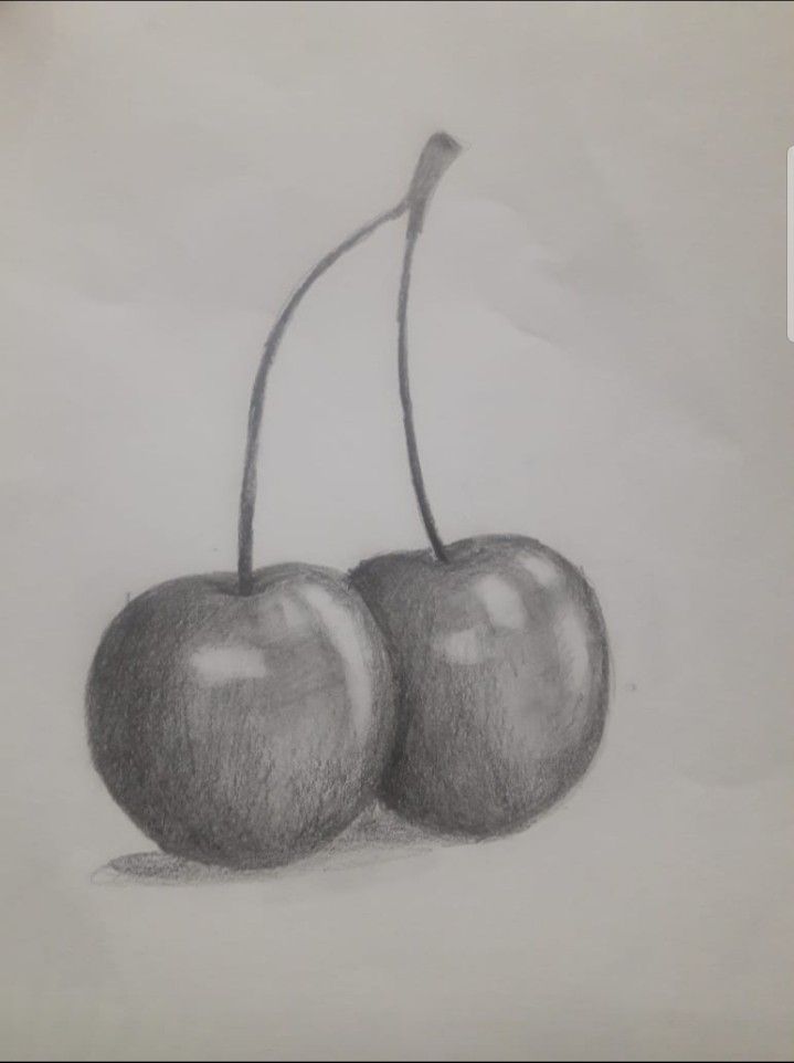 pencil drawing of two cherries on white paper, one is black and the other is gray