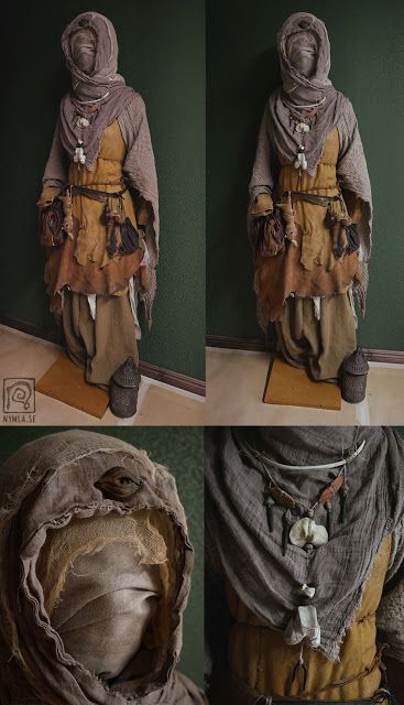 four different views of a mannequin dressed in clothing and accessories, all with hoods on