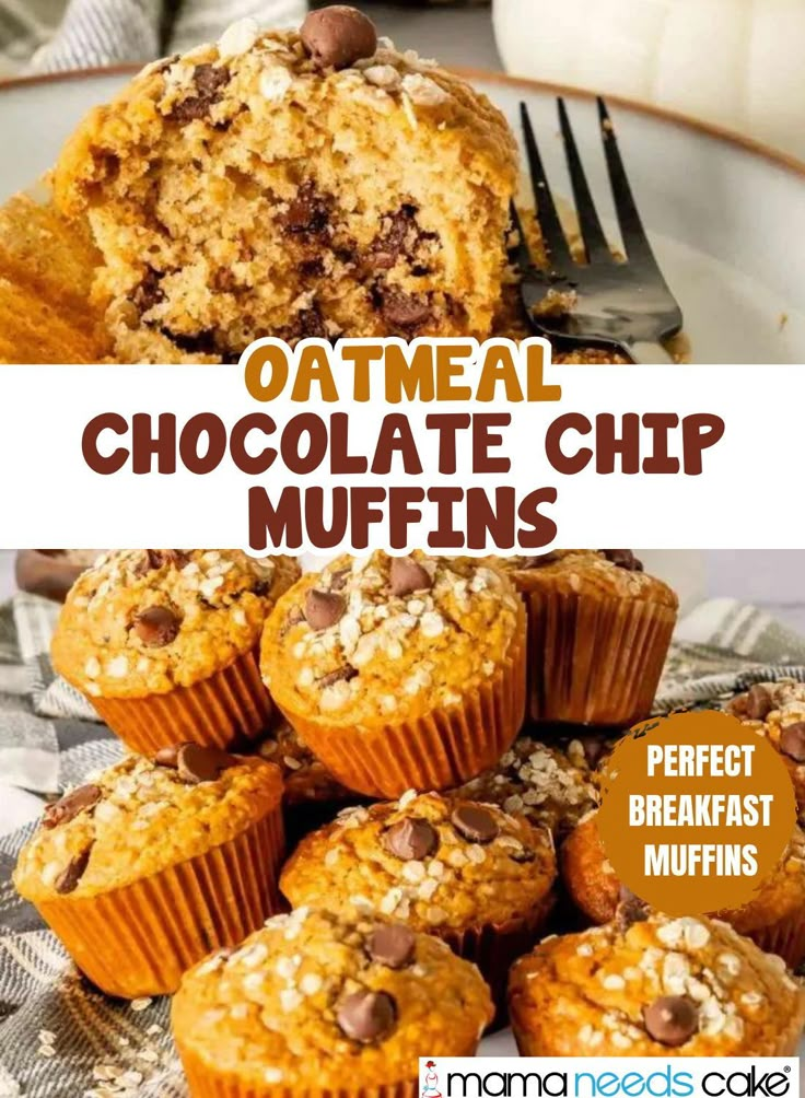 an oatmeal chocolate chip muffin on a plate with the words, perfect breakfast muffins