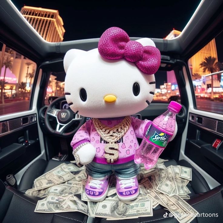 a hello kitty doll sitting on top of money in the back of a car,