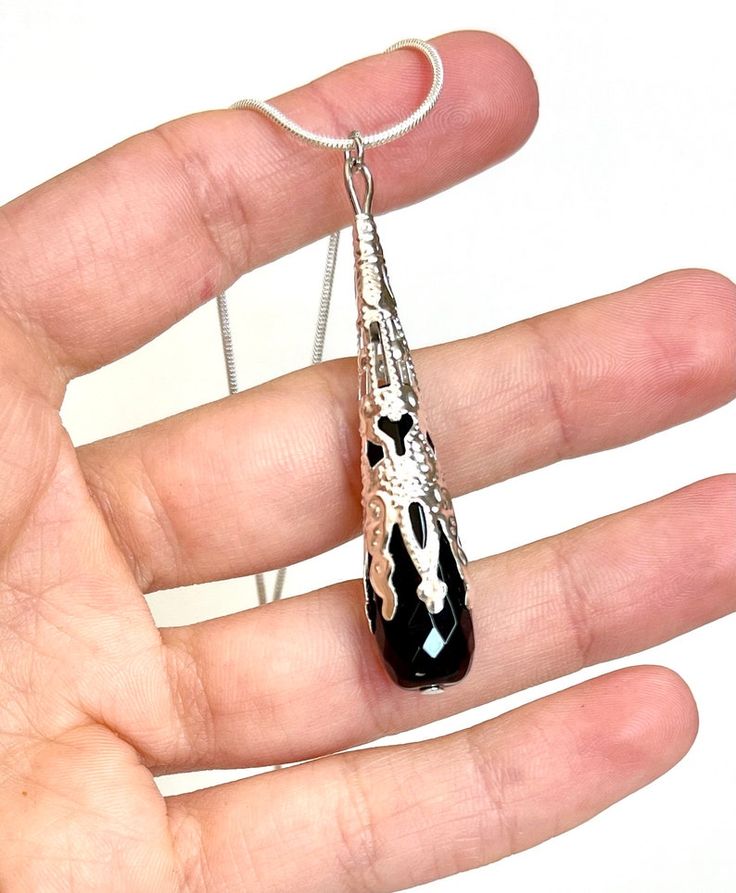 Obsidian Necklace Crystal Necklace Black Obsidian Black - Etsy Black Drop Jewelry, Elegant Black Drop Necklace Gift, Black Sterling Silver Long Drop Jewelry, Black Teardrop Pendant Jewelry As A Gift, Black Teardrop Pendant For Jewelry Making, Black Teardrop Pendant Necklace Gift, Black Faceted Crystal Necklaces For Jewelry Making, Black Teardrop Pendant Jewelry For Gift, Black Teardrop Pendant Jewelry Gift