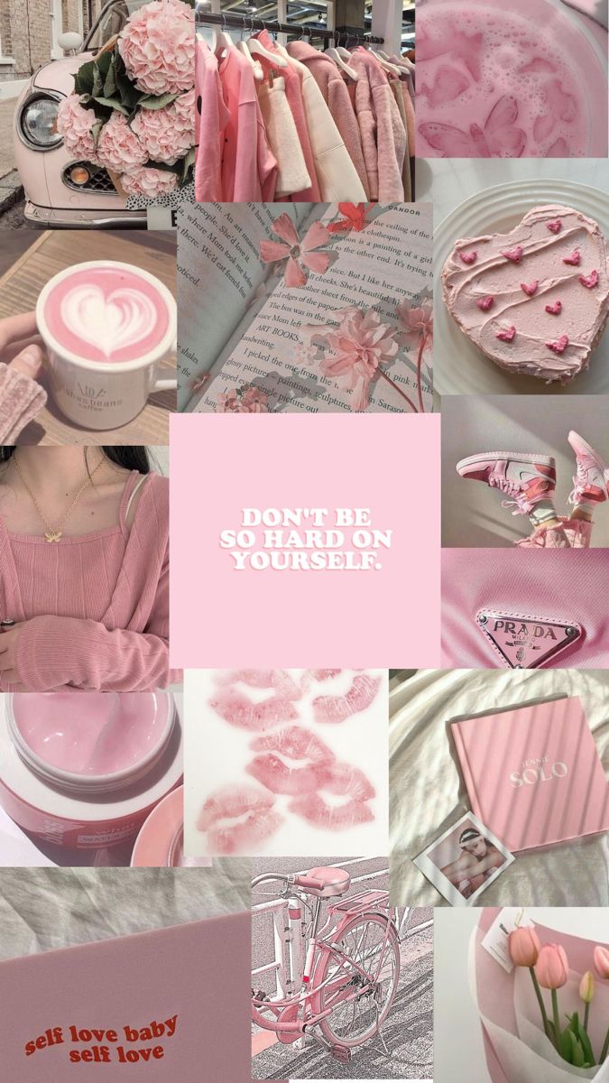 pink and grey collage with words don't be shy, you're yourself