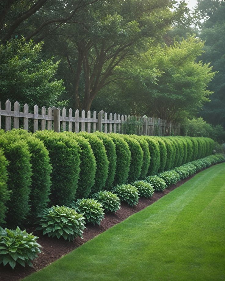 a long row of bushes next to a white picket fence in the middle of a lush green yard