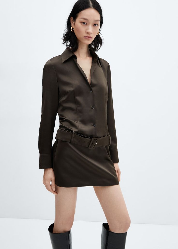 Belt satin dress - Woman | MANGO USA Sophisticated Style Women, Belt Shirt, Leather Shirt Dress, Satin Belt, Short Design, Flowy Fabric, Satin Short, Belt Dress, Knitted Coat