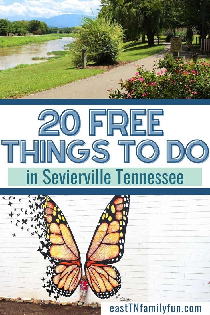 the words 20 free things to do in sevierville tennessee with an image of a butterfly