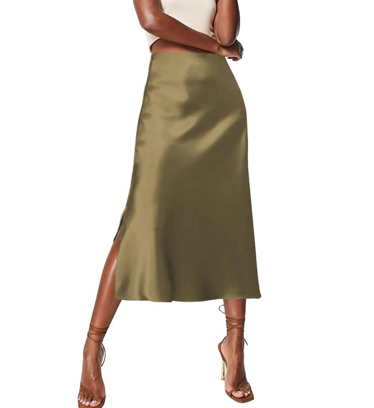 PRICES MAY VARY. Material: Satin Side Split Midi Skirts,72%ACETATE,28%POLYESTER,Built-in Elastic Waist,several colors for choice. fabric is soft,comfortable and lightweight. Features: Satin Slik Side Split Midi Skirts,High Invisible elastic waist, slip shiny skirts for women, female design of retro hip skirt, satin silk skirt,maxi length skirt for teens,women's pull on a-line skirt. silky texture, bright and bright colors, the ruffles skirt shows a tall figure. Occasion:The side split midi skirt Green Satin Skirt, Gardenia Jasminoides, Split Midi Skirt, Ruffles Skirt, Olive Green Skirt, Shiny Skirts, Skirt Satin, Female Design, Solid Skirt