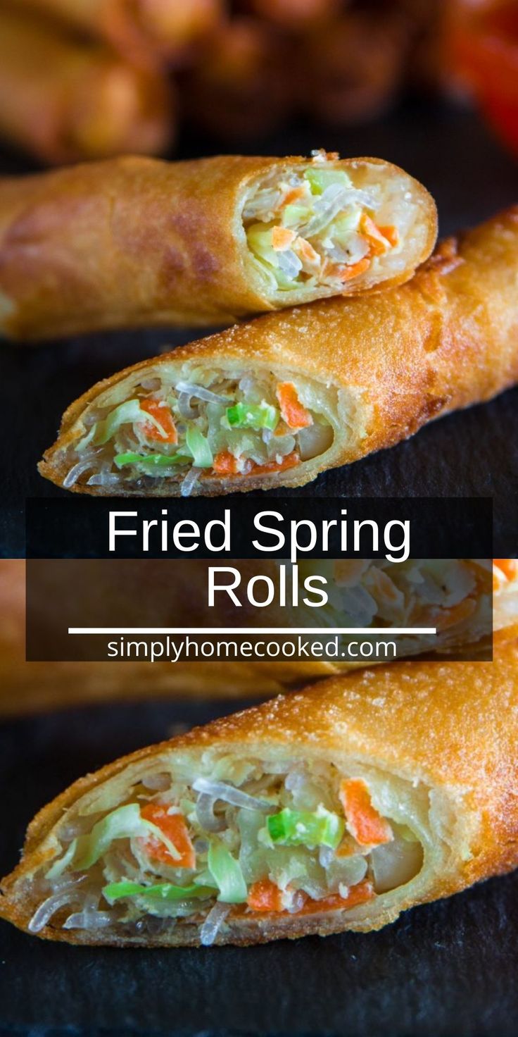 fried spring rolls with shredded carrots and coleslaw