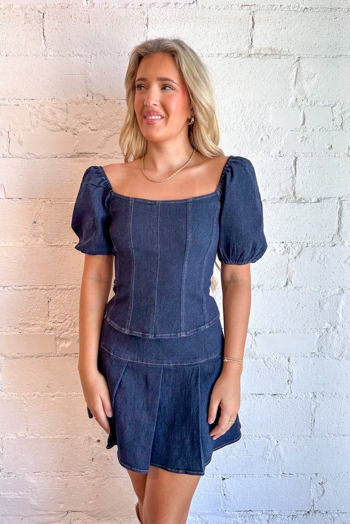 Saddle Up Denim Pleated Mini Skirt Denim Pleated Mini Skirt, Saddle Design, Stylish Skirts, Chic Top, Pleated Mini Skirt, Premium Denim, Denim Top, Denim Skirt, Contemporary Style