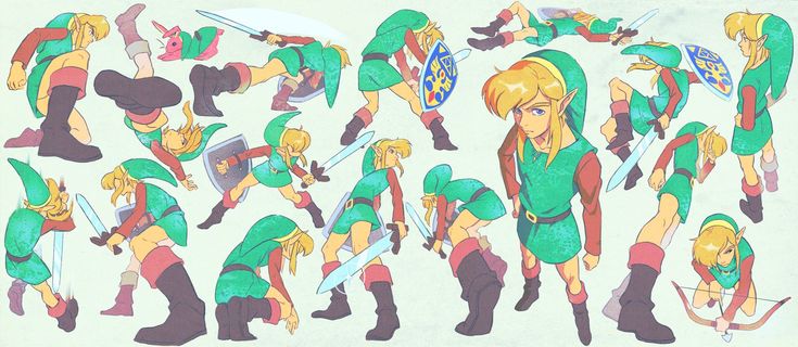 the legend of zelda character model sheet is shown in full color and has multiple poses