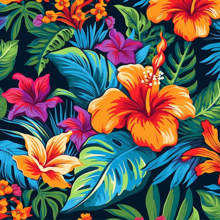 colorful tropical flowers and leaves on a black background with orange, pink, yellow and blue colors