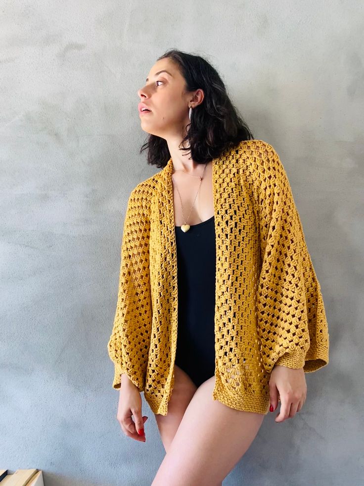 Yellow Bamboo, Yellow Crochet, Yellow Knit, Kimono Cardigan, Crochet Cardigan, Crochet Designs, Favorite Outfit, Cardigans, Art Collection