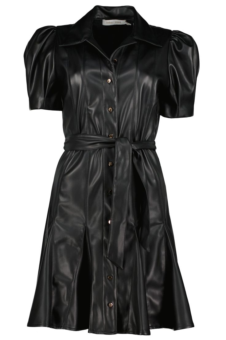 K4DDK2580-BLACKClea Vegan Leather Dress-40% Polyurethane 60% Polyester-Self-tie belt-Front button closure-Puffed sleevesFIT-True to size Super Mini Dress, Velvet Halter Dress, Dresses Materials, Satin Wrap Dress, Night Out With Friends, Black Halter Dress, Leather Mini Dress, Dress Home, Green Midi Dress