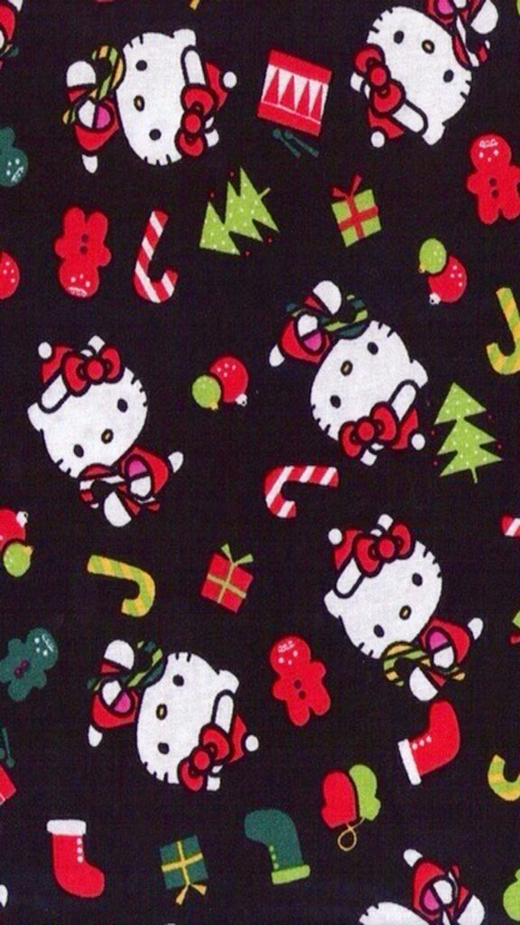 a black background with hello kitty and other christmas items on the bottom half of it