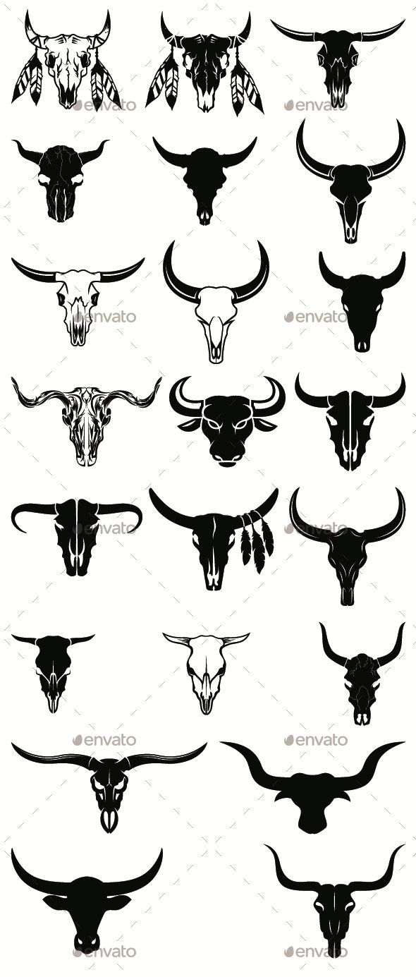 an image of longhorn bull heads in various sizes and colors on a white background