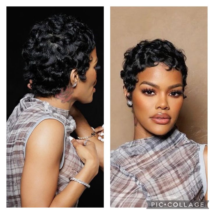 Pixie Hairstyles For Black Women Curly, Pin Curled Hair Black Women, Pixie Silk Press, Fantasia Hairstyles Black Women, Raven Elyse Short Hair, Pixie Haircut With Bangs For Black Women, Outfits With Short Hair Black Women, Black Girls Pixie Cut, Curly Pixie Black Women