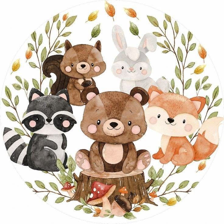 a group of stuffed animals sitting on top of a tree stump with leaves around them