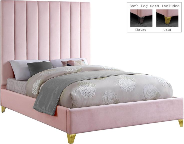 a bed with pink velvet headboard and foot board, two pillows on the side