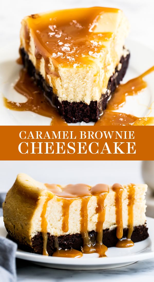 caramel brownie cheesecake on a white plate