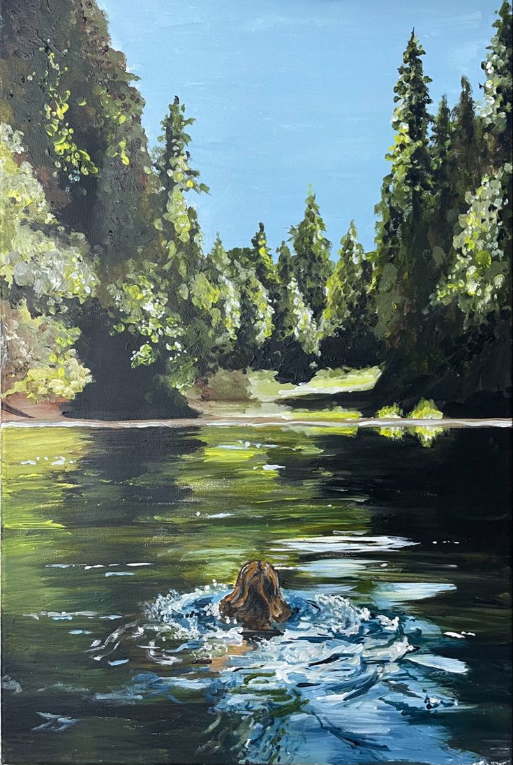 an oil painting of a dog swimming in the water near some trees and bushes, on a sunny day