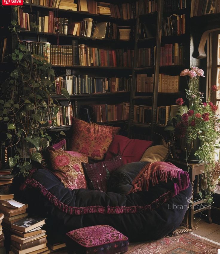 Boho Whimsigoth Living Room, Dark Room Decor Aesthetic, Maximalist Cozy Decor, Book Corner Apartment, Dark Witchy Room Aesthetic, Witch Core Living Room, Cohesive Maximalism, Dark Romantic Apartment, Goth Punk Bedroom