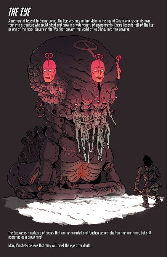 an image of a man sitting on the ground next to a giant creature with red eyes