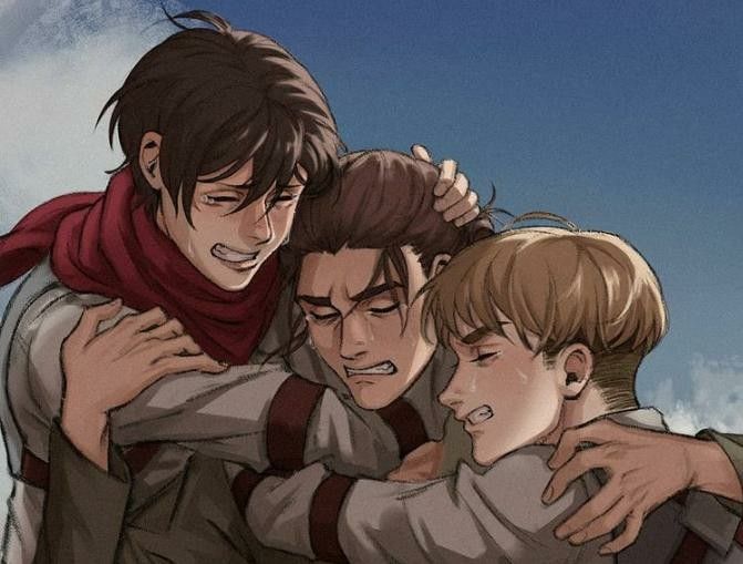 three young men hugging each other in front of a blue sky