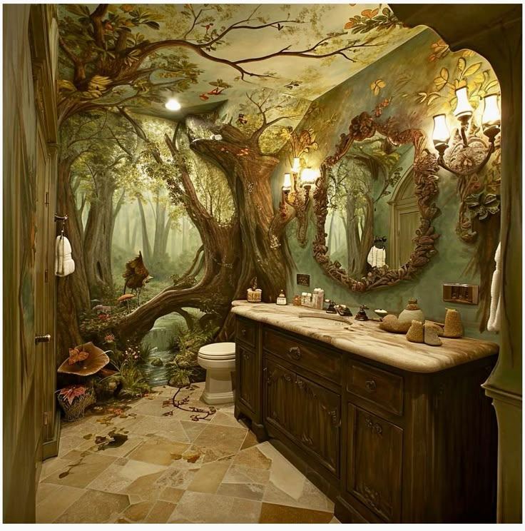 a bathroom decorated in green and brown with trees painted on the walls, floor to ceiling