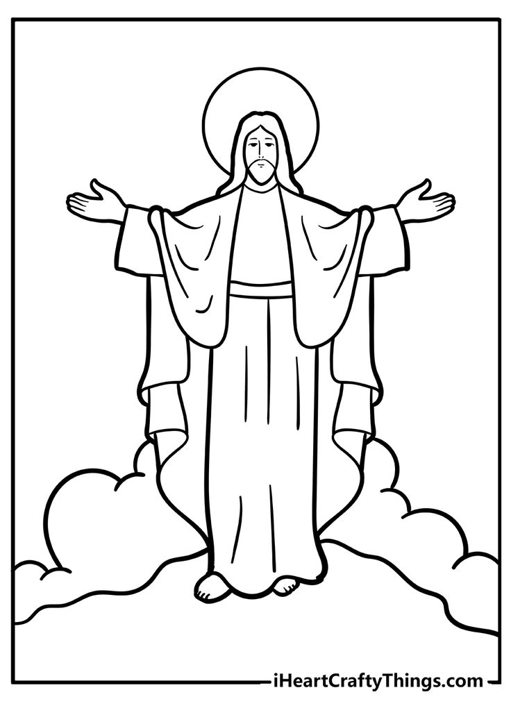 jesus standing in the clouds with his arms spread out and hands outstretched, coloring page