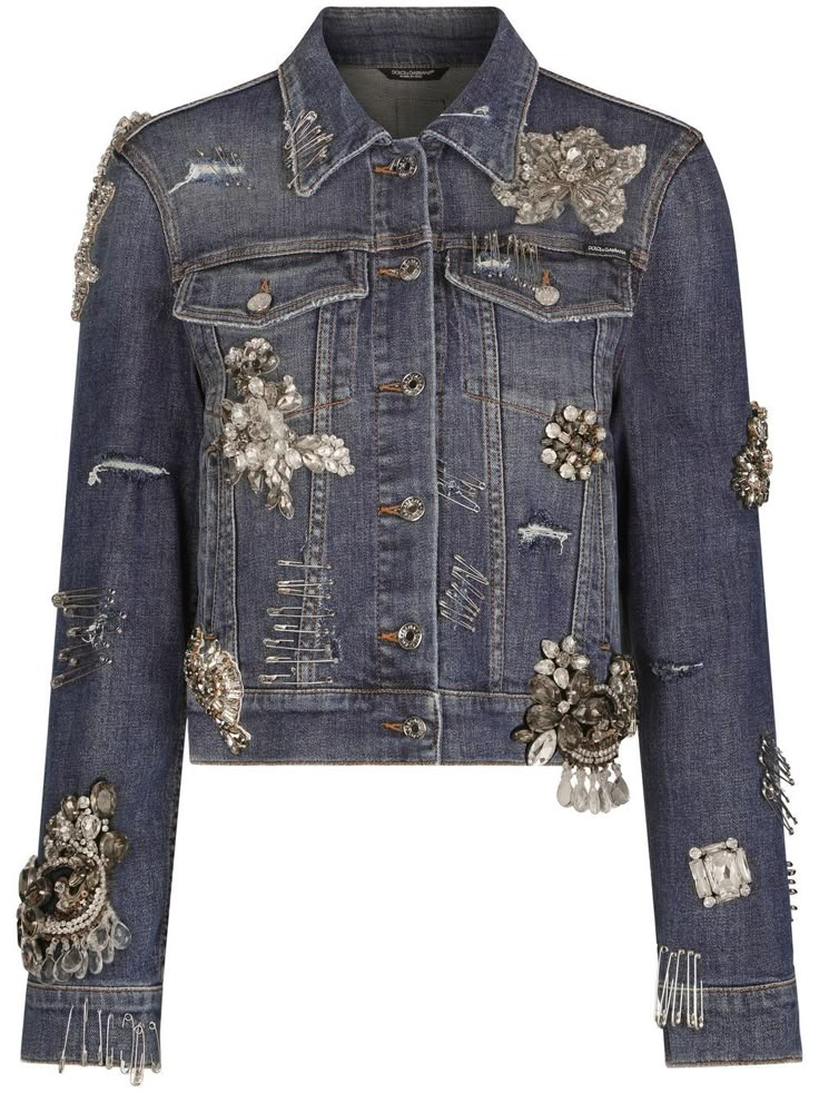 Dolce & Gabbana rhinestone-embellished Denim Jacket - Farfetch Designer Denim Jacket, Embellished Denim Jacket, Embellished Clothing, Jacket Ideas, Leather Tag, Embellished Denim, Jeans Diy, Blue Denim Jacket, Upcycled Denim