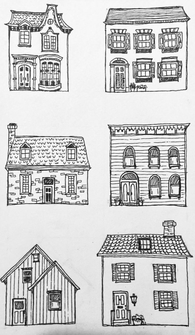 four different houses drawn in pencil on paper