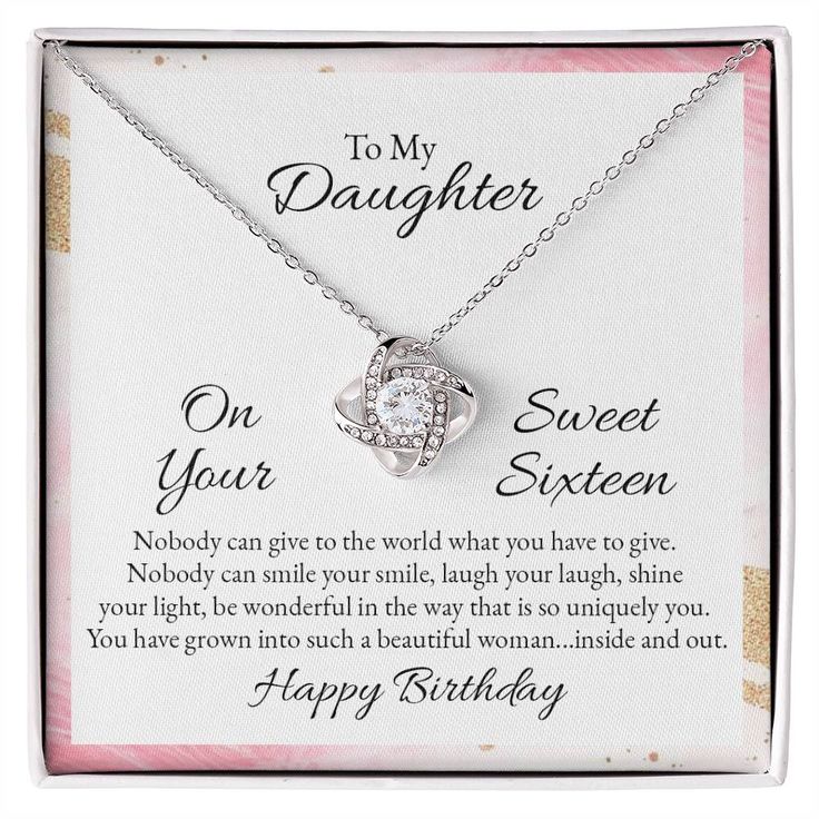 Celebrate her sweet sixteen and let her know just how much you love her with our Sweet Sixteen Love Knot Necklace. Representing an unbreakable bond between two souls, this piece features a beautiful pendant embellished with premium cubic zirconia crystals. Surprise your daughter with this gorgeous gift on her sweet sixteen and remind her that although she's getting older your bond is unbreakable! 14k white gold over stainless steel or 18k yellow gold over stainless steel 6mm round cut cubic zirc Sixteenth Birthday, Birthday Necklace, Shine Your Light, Jewelry Knots, Love Knot Necklace, Daughter Necklace, Sweet 16 Birthday, Love Knot, Luxury Boxes