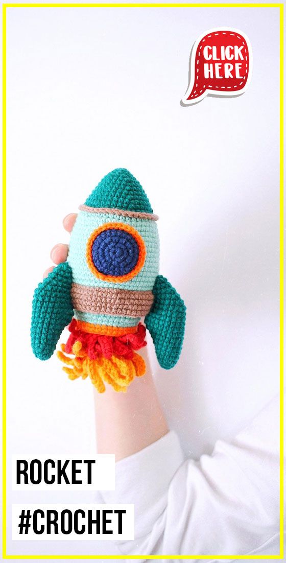 a crocheted rocket ship is on top of a hand with the caption rocket crochet