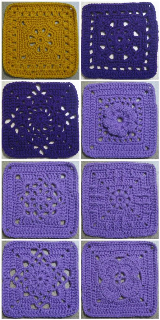 four crocheted squares are shown in different colors and sizes, one is yellow, the other is purple