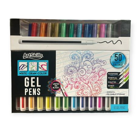 an assortment of gel pens and markers in a display box with the package behind it