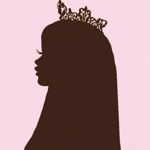 the silhouette of a woman with a tiara on her head, against a pink background