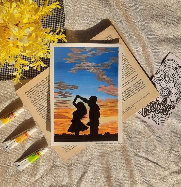 Pretty sunset Couple portrait | couple art | couple portrait poses Boho Couple Painting, Couple Poses Painting, Couple Painting In Canvas, Cute Couple Paintings On Canvas, Couple Shadow Painting, Couples Acrylic Painting Ideas, Couple Polaroid Painting, Aesthetic Couple Painting, Acrylic Couple Painting