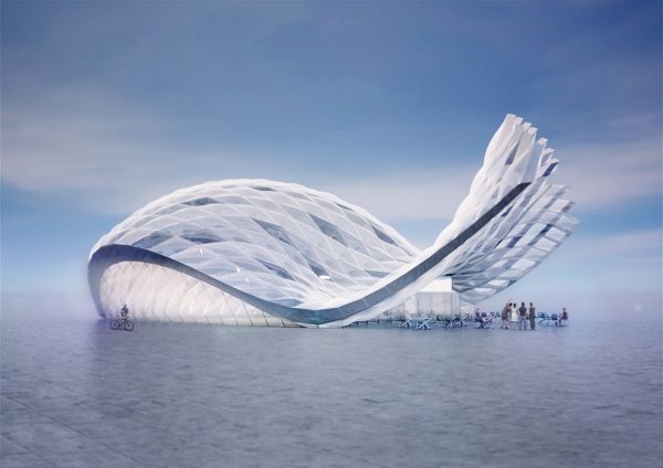 an artistically designed building in the middle of water with people standing around it and looking at it