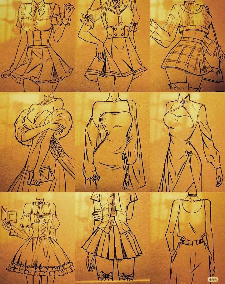 sketches of different types of clothes on display