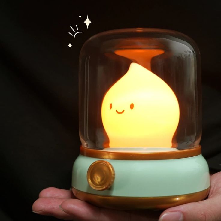 a person holding a small lamp in their hand with a smiley face on the top