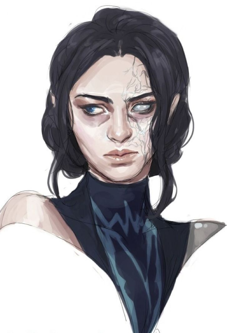 a drawing of a woman with black hair and blue eyes, wearing a turtle neck top