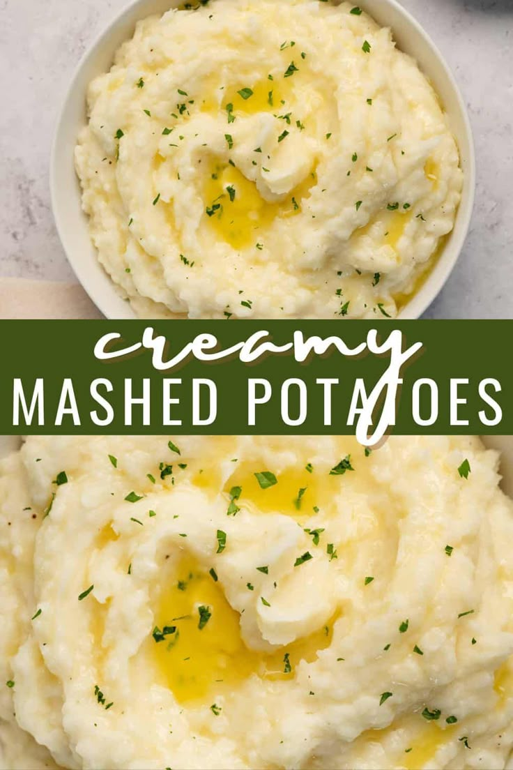 mashed potatoes in a white bowl with the words creamy mashed potatoes above it