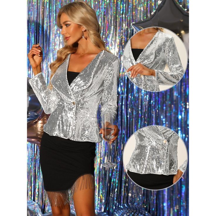 This sequin sparkle jacket is fashionable and chic, which shows your unique charm. Put some shimmer into your new season wardrobe with this fashion long sleeves sequin jacket. This vintage outwear has a classic color for you to choose from. It is great to pair them with any clothes, dresses, jeans, skirts, shoes, bags, and accessories. Suitable for winter/ autumn and for many occasions, such as party, club, daily, date, weenkend, holiday, etc. Long Sleeve Sequin Tops For Holiday Party, Holiday Party Long Sleeve Sequin Top, V-neck Outerwear For Spring Parties, Glamorous Long Sleeve Holiday Outerwear, Fall Holiday Party Long Sleeve Tops, Long Sleeve Sequin Outerwear For Party Season, Long Sleeve Outerwear With Sequin Detail For Party Season, Glamorous Sequined Outerwear For Party, Holiday Night Out Long Sleeve Outerwear